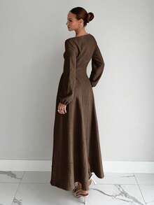 女式优雅纹理灯笼袖长裙，秋季 - 棕色 - 查看 2