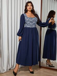 Modelyn Robe élégante à manches longues en jacquard tissé, patchwork, taille froncée, coupe évasée, grande taille - Bleu azur - Voir 4