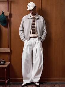 SWAVVY 男士纯色休闲直筒宽松长裤（配腰带环） - 白色 - 查看 6