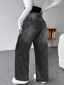 SHEIN 孕妇休闲宽松直筒牛仔裤，腰带拼接 - 黑色 - 查看 2