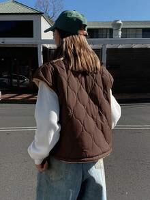 DAZY 2-In-1 Patchwork Faux Fur Lining Padded Vest, Short Style Women Padded Coat - Brown - View 2