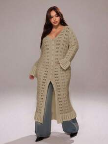 Casual Long Cardigan, Hollow Out Knit Sweater Cardigan, Bell Sleeve Long Cardigan, Back To School Season Boho - Khaki - View 5