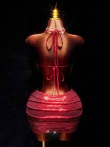 Amplova طقم ملابس علوية قصيرة ذات ترتر ذهبية باللون الأحمر الكرزي وتنورة قصيرة منخفضة الخصر، طقم نسائي مكون من قطعتين