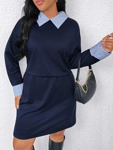 SHEIN Tall CURVE Vestido midi de mujer talla grande de unicolor con parches y rayas en el cuello, cintura ceñida, minimalista, adecuado para ir al trabajo, uso casual, uso diario, otoño/invierno - Multicolor - Ver 4