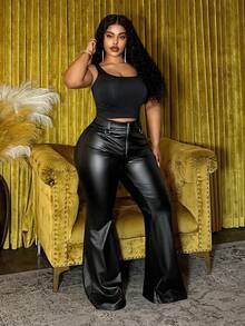 Veslaya 2025 Autumn/Winter New Arrival, Street Casual & Party & Music Festival & Daily Wear, Slim Fit Solid Black Color, Metal Zipper & Ring Decor, High Waist Flare Leg, Stretchy PU Coated Fabric, Plus Size Women Long Pants - Black - View 5