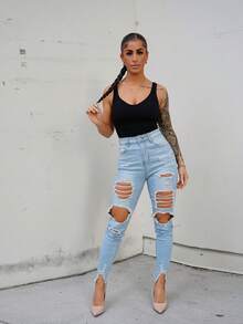 SAYEHFBABY Ladies' Skinny Fit Ripped Jeans Y2k - Light Wash - View 1