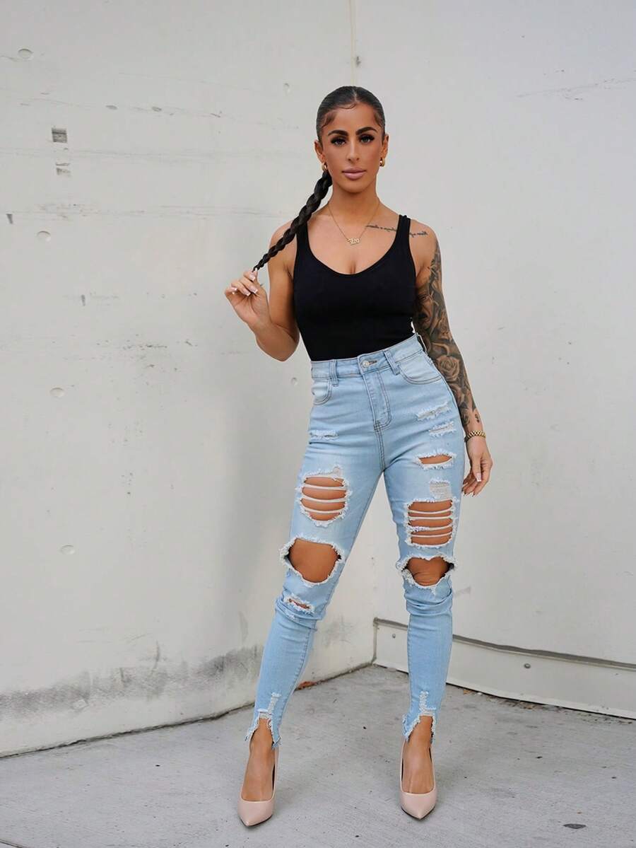 SAYEHFBABY Ladies' Skinny Fit Ripped Jeans Y2k - Light Wash - View 1