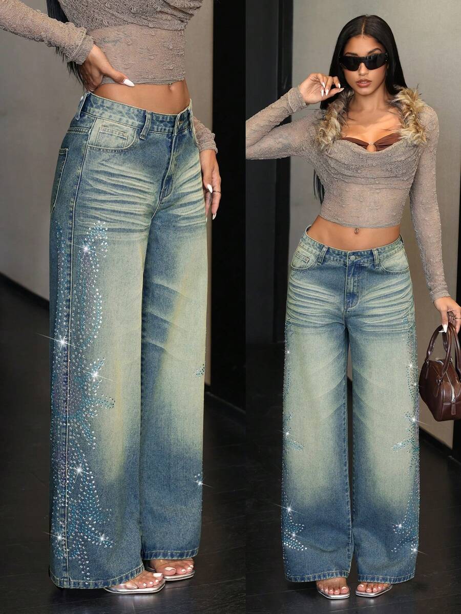 Jeanoix Women's Loose Fit Rhinestone Embellished Pocket Wide Leg Casual Jeans - Blue - View 1