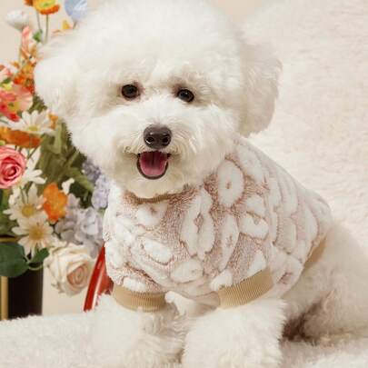 PETSIN 1件宠物猫狗通用杏色豹纹可爱印花毛绒保暖弹力舒适圆领