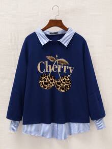 Veykashi Plus Size Casual Leopard, Cherry, And Striped Patchwork Sweatshirt, Autumn Leopard Print/Winter Graphic - Blue - View 2