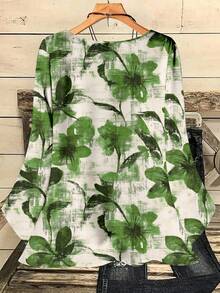 Mellowie Blusa de manga 3/4 con cuello redondo, estampado floral romántico casual, talla grande, adecuada para primavera y verano - Multicolor - Ver 2