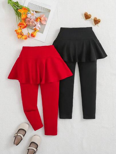 SHEIN 2 件套少女针织弹力纯色荷叶边腰裤，少女风格，秋冬，红色和黑色，圣诞节。