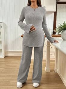 SHEIN 2pcs Maternity Set: Round Neck Flare Sleeve Casual Top & Ribbed Pants Two Piece Set Women Comfy 2 Piece Lounge Sets Woman Maternity 2 Piece Set Maternity Clothes Two Piece Suits Comfortable Two Piece Set - Light Grey - View 5