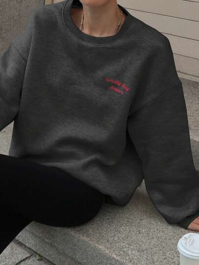 DAZY 女式字母刺绣宽松圆领保暖内衬运动衫