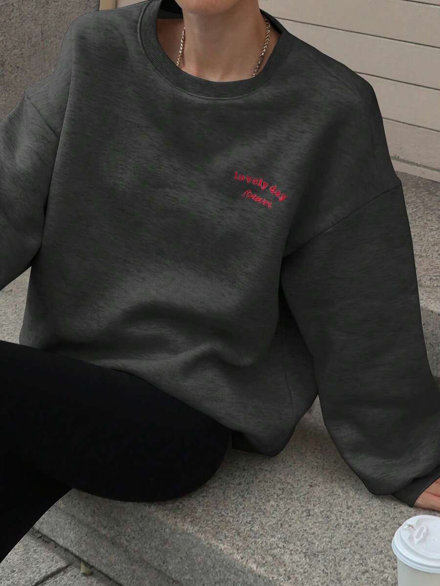 DAZY 女式字母刺绣宽松圆领保暖内衬运动衫 - 深灰色 - 查看 1