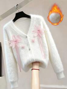 SHEIN Franclia Women's Elegant Applique Button Front Dropped Shoulder Fluffy Knit Cardigan, Autumn/Winter, Christmas