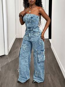 BamGleam 女式十字绣挂脖阔腿牛仔连体裤 - 中等水洗藍 - 查看 2