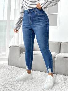 SHEIN PETITE CURVE 大码女式蓝色牛仔弹力紧身裤 - 中等水洗藍 - 查看 4