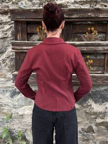 女士条纹印花简约日常长袖衬衫女士衬衫 - 酒紅色 - 查看 2