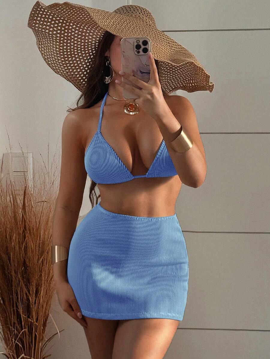 Bonvoyette Conjunto de bikini de cuello de halter de unicolor con falda tipo pareo, 3 piezas de verano para mujer