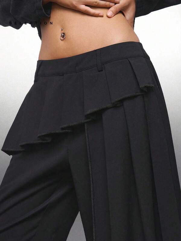 LYSMO Plus Size Black Pleated Flare Pants