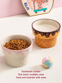 PETSIN 1个陶瓷猫碗，加高狗碗（缓解颈部疼痛），冰淇淋造型宠物食盆，防倾倒喂食器