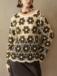 Arave 女士宽松花卉拼布优雅套头衫，腈纶纤维水溶性 - 咖啡棕 - 查看 2