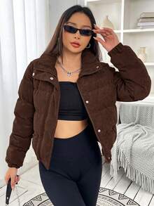 SHEIN EZwear 秋冬女装休闲咖啡棕色拉链按扣灯芯绒棉衣外套，冬季棉衣外套，棕色外套 - 咖啡棕 - 查看 6