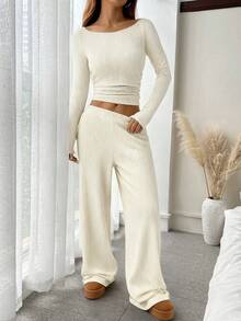 SHEIN EZwear Women's Ribbed Boat Neck Top And Loose Pants Set,Fall,Fall Clothes For Women - Apricot - View 6