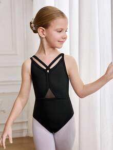 SHEIN Young Girls' Fitted Black Ballet Leotard, Elegant Criss-Cross Hollow-Out Back Design, Comfortable Knit & Stretch Mesh Gymnastics & Casual Bodysuit, Suitable For All Seasons