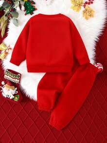 GraphicGems 圣诞快乐 2 件套幼儿男童休闲时尚创意个性化新鲜圣诞老人和驯鹿图形字母印花运动衫和裤子套装，舒适的圣诞派对和休闲装 - 紅色 - 查看 4