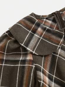 青少年女孩宽松休闲简约舒适翻领格子长袖连衣裙 - 卡其色 - 查看 3