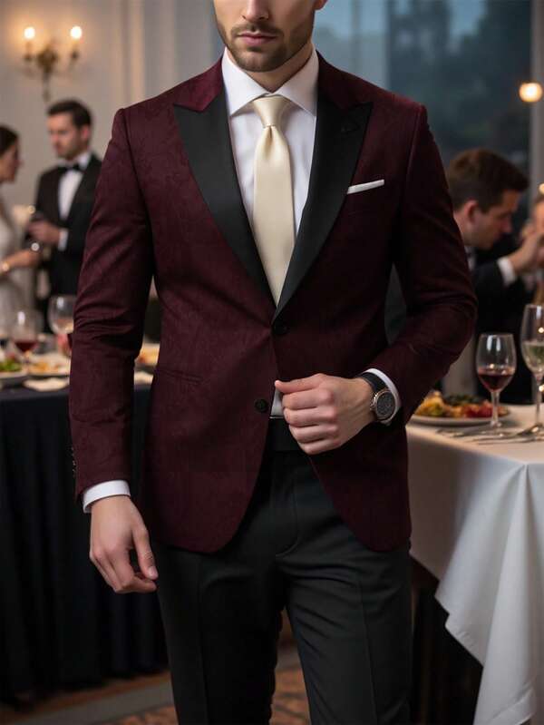 Manfinity Bizformal Men's Contrast Peak Collar Blazer & Suit Pants Business Formal Set, Glamorous Party Attire, For Music Festivals, Weddings, Banquets, Evening Parties, Anniversaries, And Everyday Wear