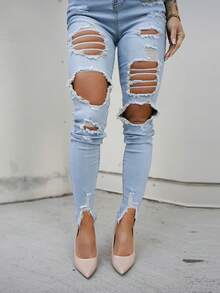 SAYEHFBABY Ladies' Skinny Fit Ripped Jeans Y2k - Light Wash - View 3