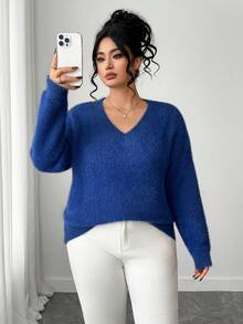 Elenzga Plus Size Women V-Neck Mink Fur Knitted Pullover Sweater Top, Winter - Navy Blue - View 5