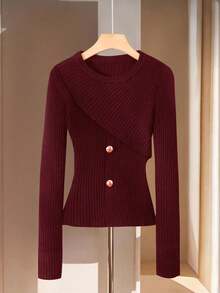 GlowEve Pull col rond noir taille cintrée asymétrique 2 en 1, style coréen minimalistee pour femmes en automne - Rouge foncé - Voir 3