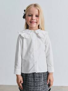 Maija Kids 年轻女孩宽松白色荷叶边领长袖休闲衬衫 - 白色 - 查看 1