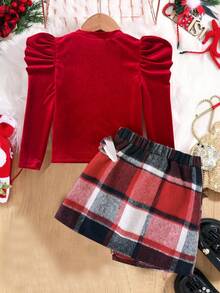 Leap Crew Conjunto de 2 peças/conjuntos para meninas, camiseta de veludo com gola falsa e manga curta, blusa e saia com detalhe de laço, estampa xadrez e bainha assimétrica, gola falsa, fofo, casual e vintage, elegante, ótimo para uso casual e diário e para a escola no outono e inverno, para o Natal - Vermelho - Ver 8