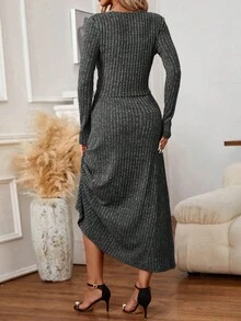 SHEIN Clasi Women's Solid Color Ribbed Knit Long Sleeve Jacket And Skirt 2-Piece Set - Grey - View 2