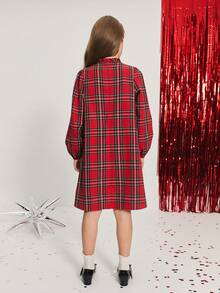 SHEIN Tween Girl Elegant Red Plaid Ruffle Bow A-Line Long Sleeve Dress With Headband,Back-To-School Autumn Winter Casual School Outfit,Cute Vintage Woven - Red - View 9