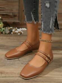 Bailarina para mujer charol brillante+punta cuadrada+doble correa+suela plana+estilo clásico elegante+trabajo diario+zapatos planos - Oro rosa - Ver 3