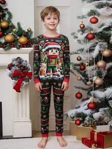 2件套男童像素圣诞机器人印花长袖上衣和紧身裤睡衣套装 - 黑色 - 查看 5