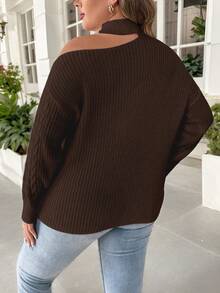SHEIN Clasi Plus Size Women Casual Asymmetrical Shoulder Loose Cable Knit Pullover Sweater, Autumn/Winter - Brown - View 2