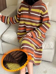 DAZY 女士宽松条纹针织连帽睡袍，冬季款，宽松睡裙 - 粉色 - 查看 4