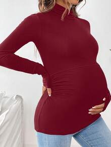 SHEIN Casual Solid Color Stand Collar Long Sleeve Nursing Top Maternity Tee - Burgundy - View 3