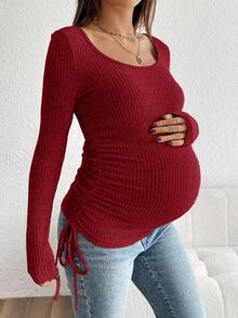 SHEIN Drawstring Ruched Maternity Solid Color Round Neck Drop Shoulder Long Sleeve Top - Burgundy - View 5