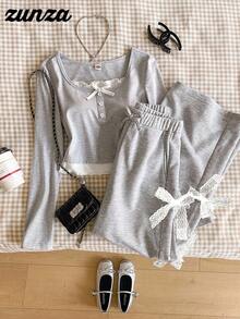 Girls Autumn/Winter Round Neck Bow Splice Long Sleeve Top + Lace Bow Gray Pants, Sweet & Cute Casual & Comfortable - Grey - View 1