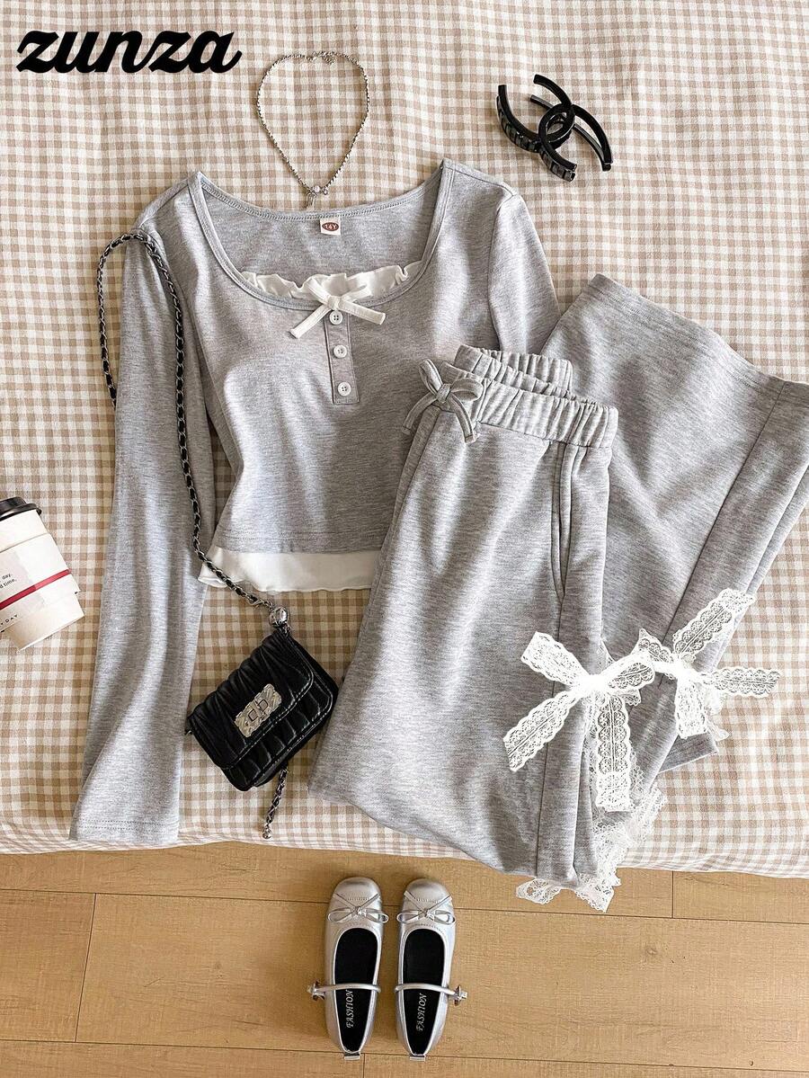 Girls Autumn/Winter Round Neck Bow Splice Long Sleeve Top + Lace Bow Gray Pants, Sweet & Cute Casual & Comfortable - Grey - View 1