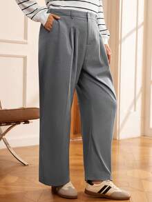 Rosumi Damen Große Größen einfarbige Hose mit Taschen, plissiert, weites Bein, lässig - Grau - Übersicht 4