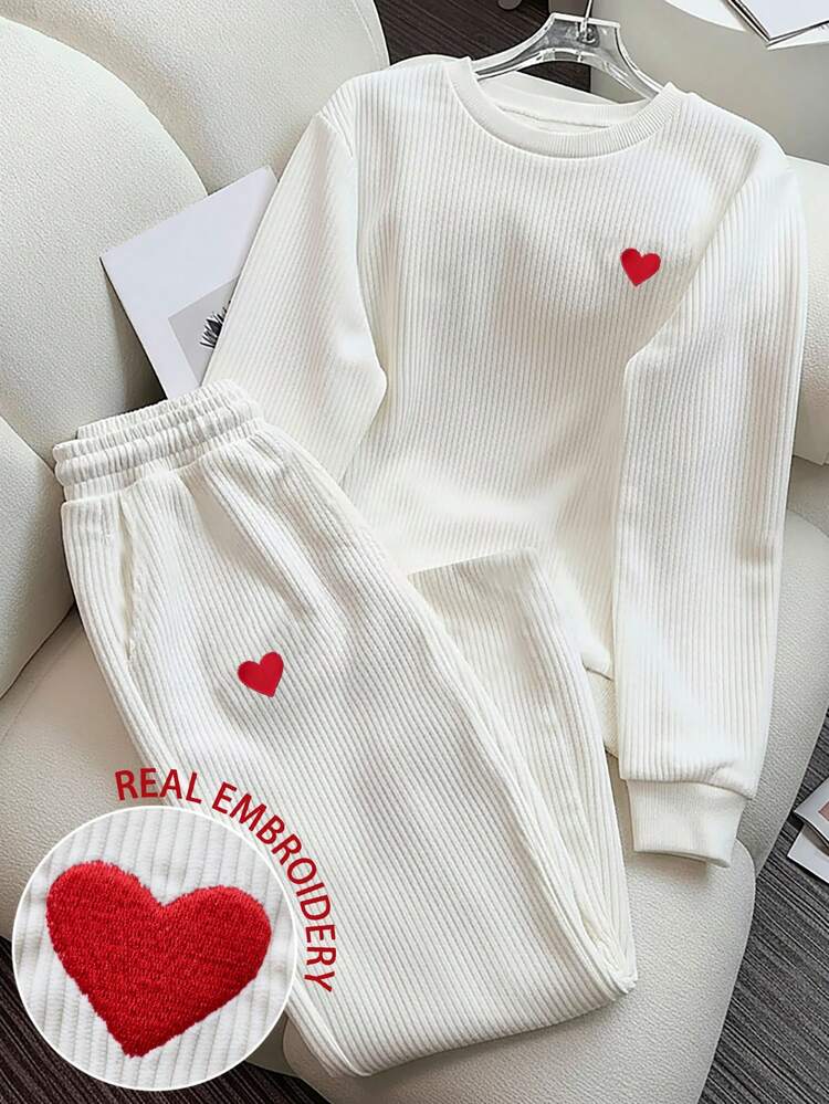 Resyla Set de 2 piezas Conjunto casual de mujer con bordado de corazón de pana, un regalo para amigos - Blanco - Añade 1